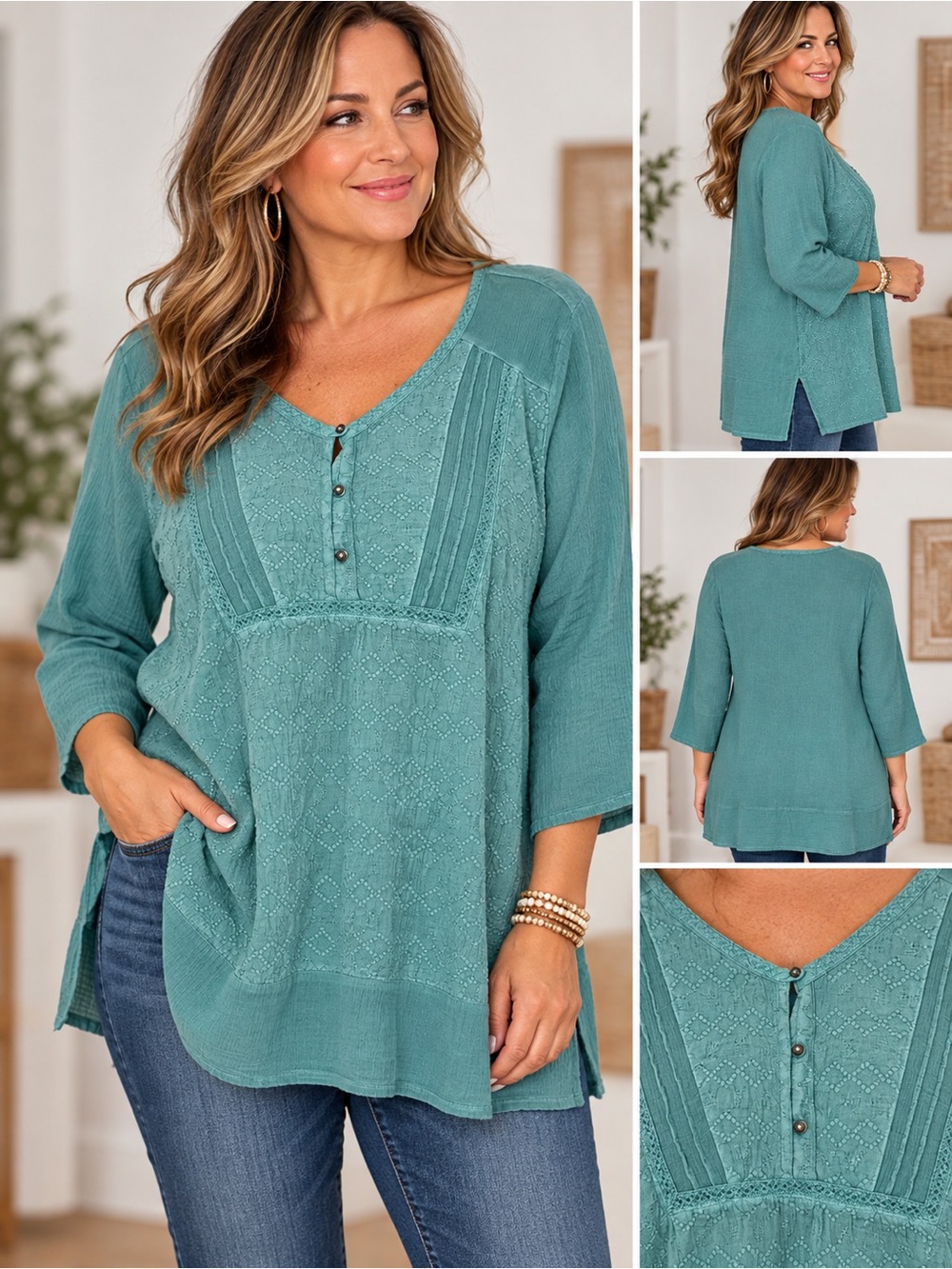 Bandolino XXL Teal Cotton Gauze Embroidered Boho Tunic Top Fall Layering Plus